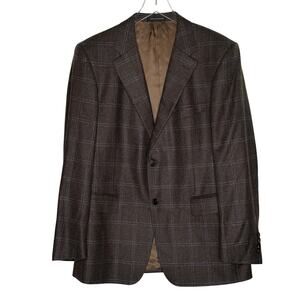 Kent & Curwen Pure Cashmere Plaid Brown Blazer Two Button British UK52 US42